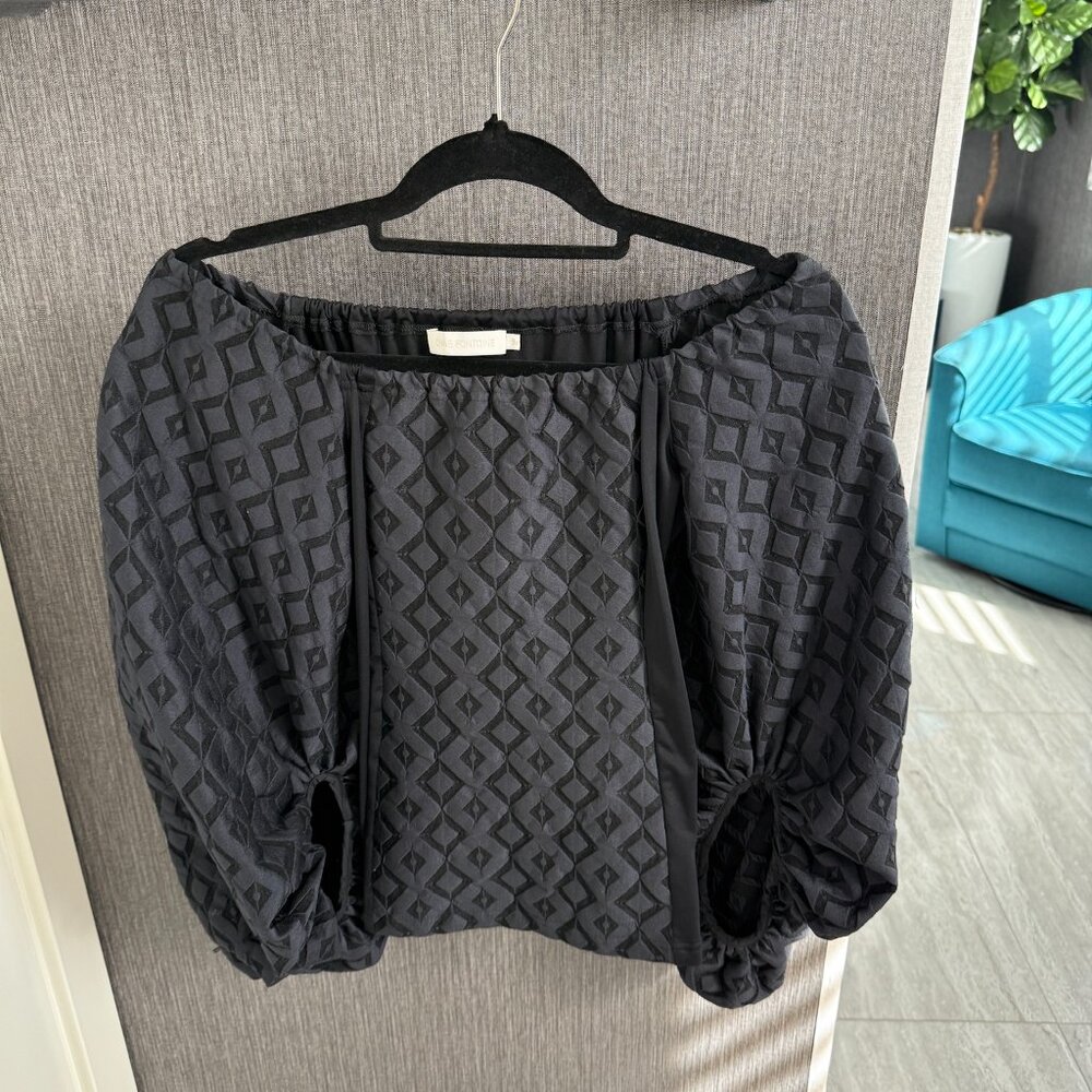Anne Fontaine Black Jacquard Off-Shoulder Blouse with Voluminous Sleeves – Size